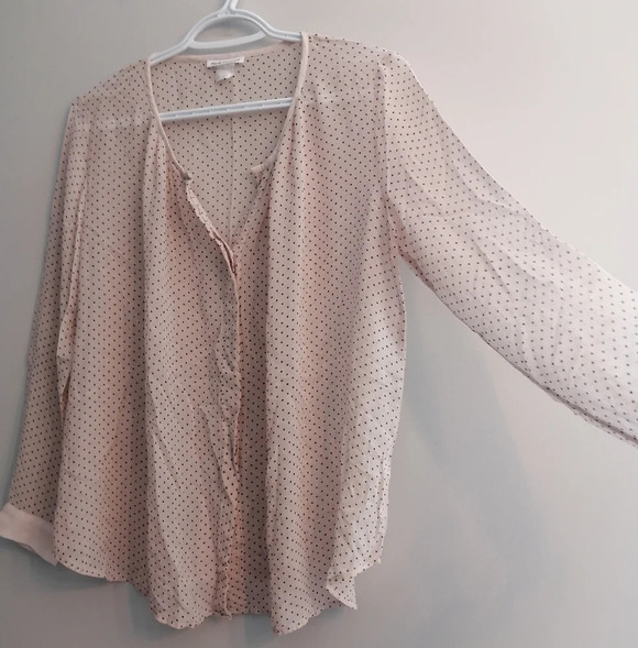 Club Monaco 100% Silk Semi Sheer Pink Black Polka Dot Button Up Blouse Small - Picture 5 of 14